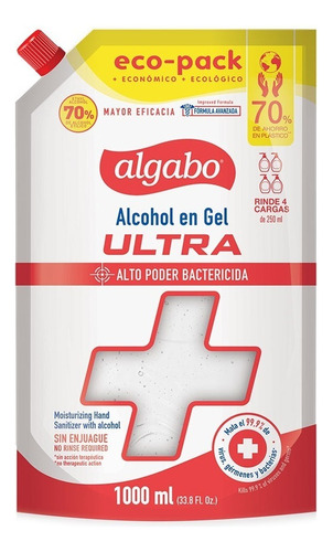 Alcohol gel Algabo Ultra en ecopack fragancia a neutra con dosificador 1000 ml pack x 24