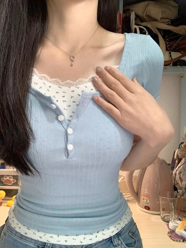 Camiseta Falsa De Dos Piezas Con Ribete De Encaje Para Mujer