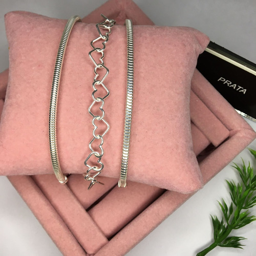 Promoção Kit Trio 3 Pulseiras Femininas Prata 925 Legítima