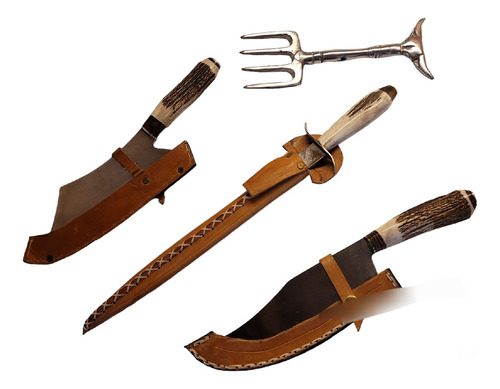 Juego Parrilla Asado Asta Ciervo Facon Bowie Hacha Garra Oso