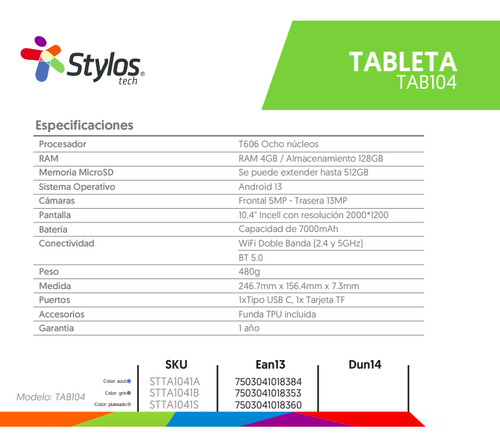 Tablet 10.4 Stylos Tab104 Octa Core 4gb 128gb Wi-fi Funda