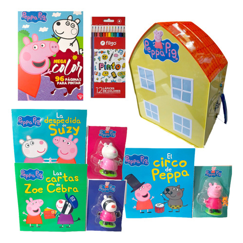 Pack Peppa Pig: Casa + 3 Figuras + Cuentos + Libro + Lápices