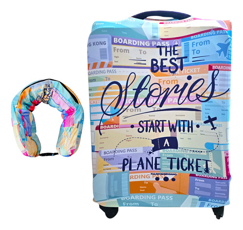Kit Funda Cubre Valija Grande + Cuello Guarda Ropa Almohada Boarding Pass