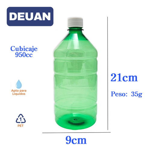 Botella Pet 950cc Verde Uso Industrial Limpieza Tapa Rosca 2 Natural