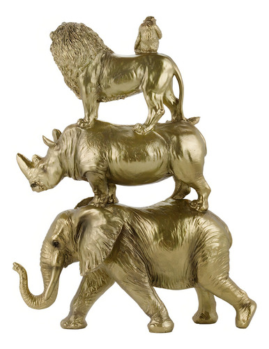 Elefante Rinoceronte Leão Macaco Dourados De Resina 32 Cm Cor Dourado