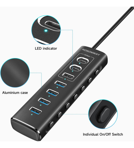 Concentrador Usb Con Alimentación 7 Puertos 10gbps Rsh-a107c