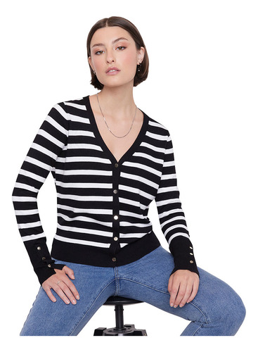 Sweater Mujer Negro Rayas Blancas Cardigan Corona