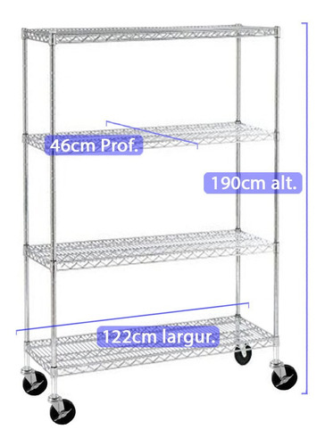 Estante Aço Inox C/ Rodízios 4 Andares Comercial Residencial