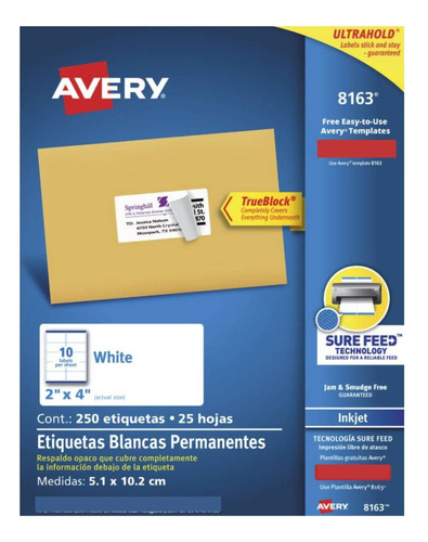 250 Etiquetas Envio Blanca Avery Inkjet 5.1 X 10.2cm