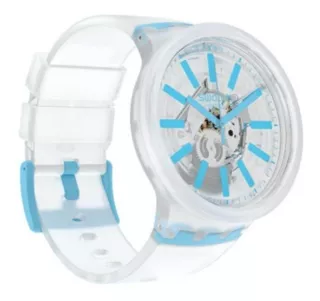 Reloj Swatch Mujer Big Bold Blueinjelly So27e105 Silicona Wr Color de la malla Transparente Color del bisel Transparente Color del fondo Transparente y Celeste