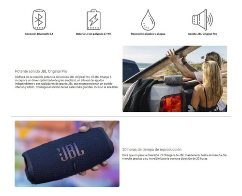 Imagen 8 de 10 de Parlante Jbl Charge 5 Bluetooth Resistencia Ip67 Loi