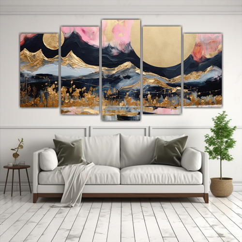 200x100cm Cuadro Poliptico Paisaje Luna Montañas Flores
