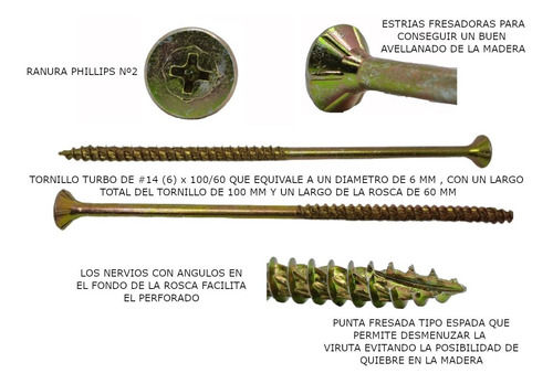 Imagen 2 de 6 de Tornillo Turbo Para Madera # 14 X 100/60, Pack De 50 Un.