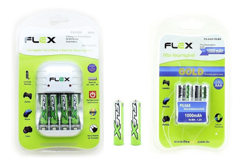 10 Pilhas Recarregável Flex Aaa 1000mah + Carregador Rápido