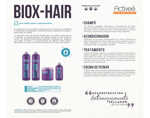 Tratamiento Capilar Activee Professional Biotin+Colagena Renueva Nutre y Fortalece Cabellos Opacos y Procesados Libre de Sal
