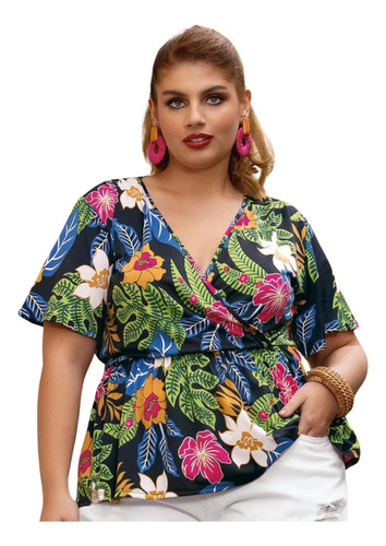 Blusa Solta Marguerite Feminina Decote V Plus Size