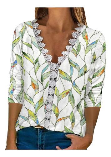 Camiseta Moderna De Encaje Con Estampado Floral Para Mujer R