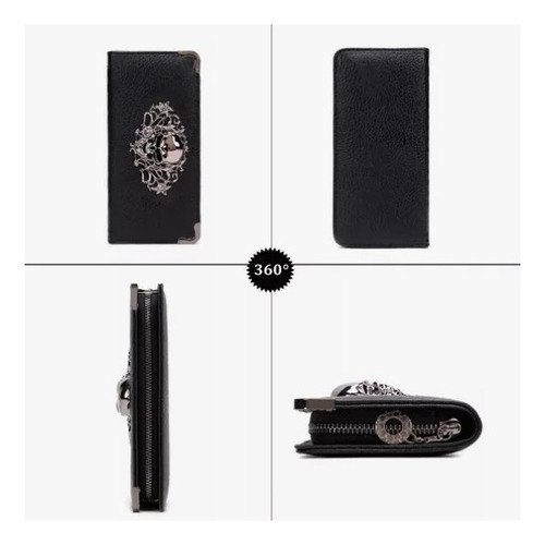 Cartera Larga Calavera Con Cremallera Estilo De Cuero
