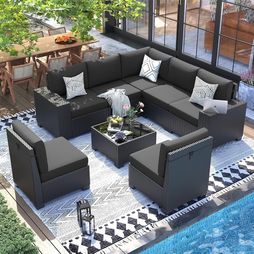 Juego De Muebles Sofa De Rattan Exterior Patio Negro/negro
