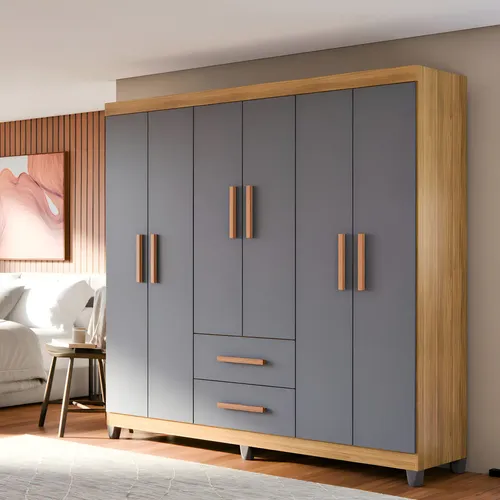 Guarda Roupa Casal Lite 6 Portas Com 2 Gavetas Roupeiro Cabideiro E Prateleiras Para Quarto Grande Moderno Espaçoso Ideal Para Organizar Roupas Sapatos E Acessórios Cor Cinza Nature