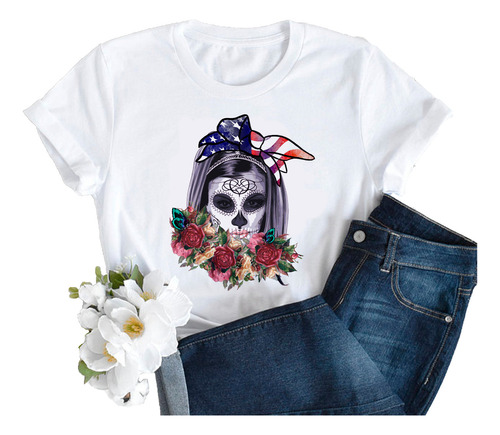 Remera Dama Mujer Moda Hipichic Cara Calavera Rosas Flor #02