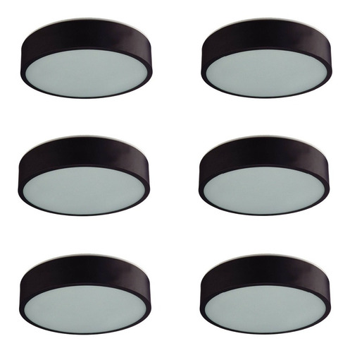 Kit 6 Luminaria Led Plafon Preto 36x36 Sala Quarto Redondo 