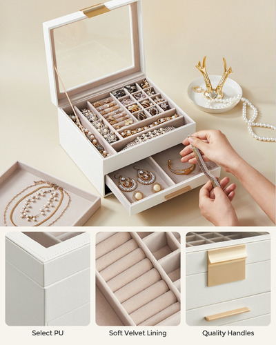 Caja Joyero De 3 Niveles Songmics Con 2 Cajones Color Blanco Nube Dorado