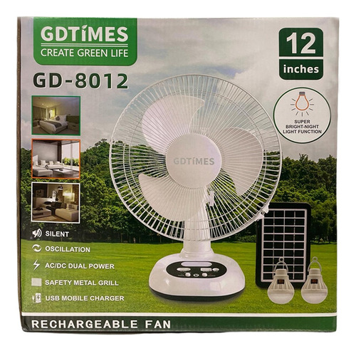 Ventilador Recargable Con Panel Solar De 12 Pulgadas Gdtimes
