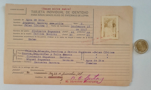 Documento De Identidad Antiguo, Niños Sanos De Lepra 
