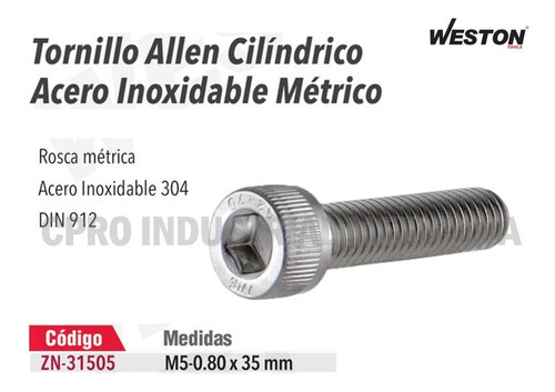 100 Tornillos Allen Cilíndrico Inox304 Din912 M5-0.80 X 5mm