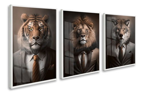 Kit 3 Quadros Decorativos Leão Tigre Lobo Animais Com Vidro