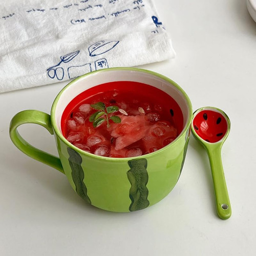 Taza De Sandía Con Cuchara - Forma De Fruta De Cerámica