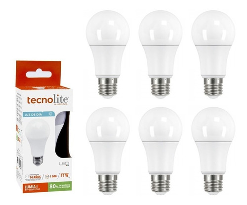 6 Focos Led A19 Base E27 De 11w Luz Fría 6500k Tecnolite