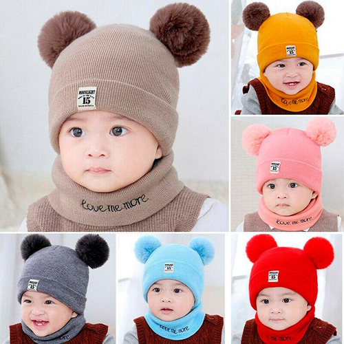 2 Set Conjunto Gorro Bufanda Bebé Redondos Oso Invierno Frio