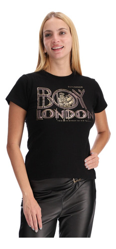 Playera Negra Mujer Letras Rose Gold Foil Oro Boy London