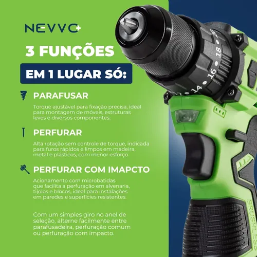 Furadeira Parafusadeira Brushless Sem Fio 16v 1800rpm Nevvo