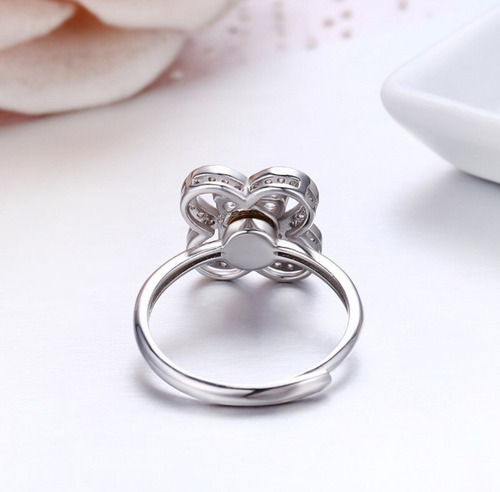 Anillo Ajustable Flor Grande Con Diamantes Mujer Plata 925