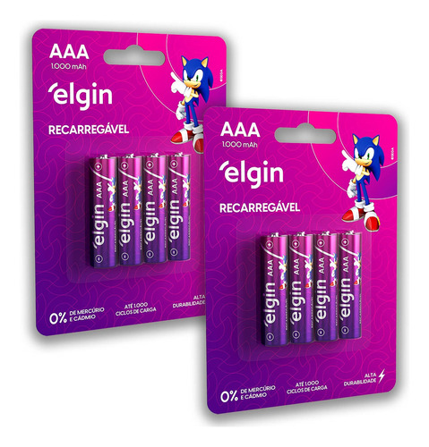 08 Pilhas Baterias AAA 1000mAh Elgin Recarregável 3A Palito 2 Cartelas