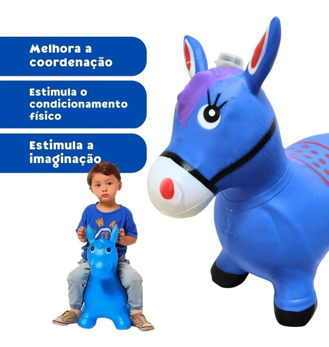 Cavalinho Upa Upa Brinquedo Infantil Pula Pula Som Pocotó Inmetro Burrinho Com Led Avant Distribuidora Cor Azul