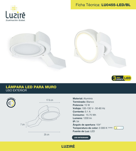 Lampara De Pared Luzire Lu0455-led/bl Dirigible Color Blanco