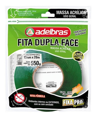 Fita Dupla Face Massa Acrilica Fixa Pro 12mm X 20m Adelbras