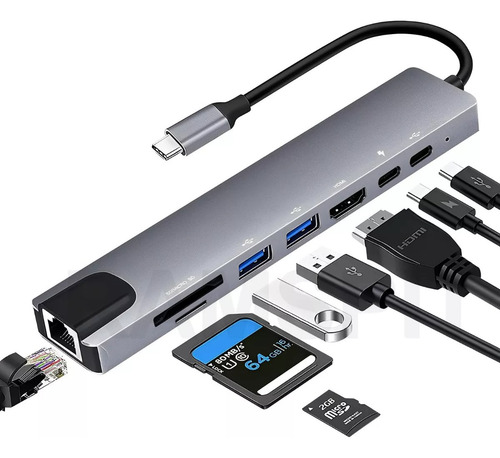Tipo C Hub 8 En 1 Adaptador Usb C A Hdmi Con Ethernet