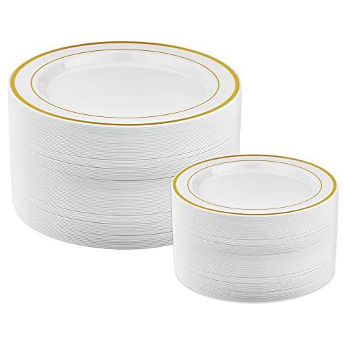 Gold Plastic Plates Set Of 50, 25 Dinner Plates & 25 Sa...