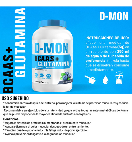 Aminoácidos Bcaas + Glutamina D-mon 1kg Varios Sabores Mora Azul