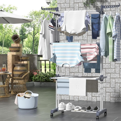 Timotech Tendedero Plegable 4 Niveles Con Ruedas Y Ganchos Color Gris