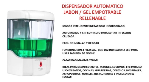 Imagen 1 de 3 de Dispensador Automatico Jabon Gel Empotrable Rellenable 