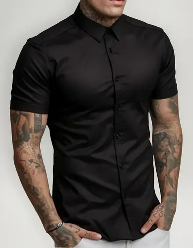 Camisa Social Lisa Masculina Manga Curta Slim Fit