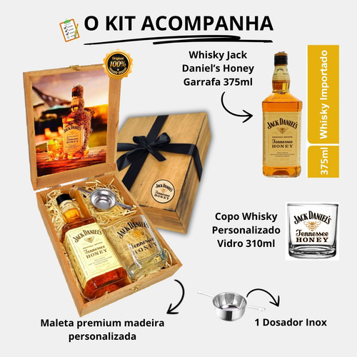 Kit Whisky Jack Daniels Honey 375 Ml Com Copo E Dosador