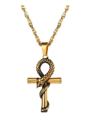 U7-collar Con Colgante De Serpiente Y Cruz Egipcia Gold