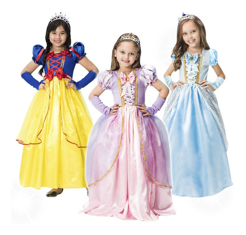 Vestido Fantasia Infantil Princesas Longo Premium Com Tiara